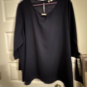 Elegant Navy Women's Top, sheer, tie 3/4 sleeves